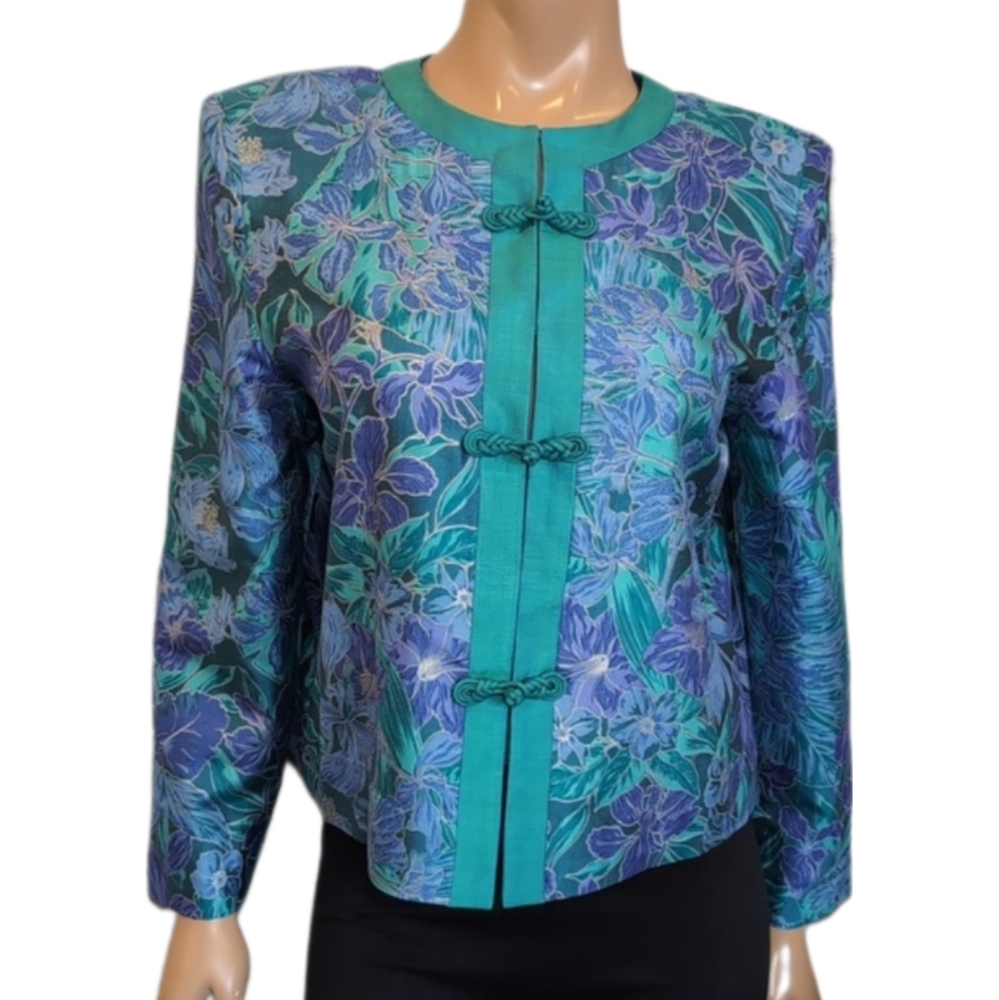 Vintage Asian Style Blazer Jacket Satin Floral Frog Button Mandarin Collar